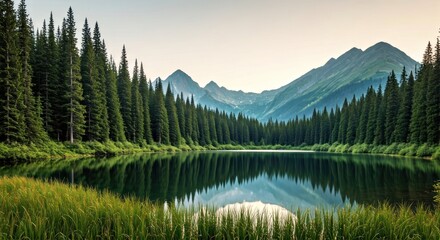 A serene lake mirrors tall green trees and distant mountains under a soft sky