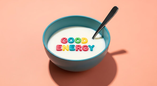 Good energy" cereal letters in milk bowl with spoon on peach.