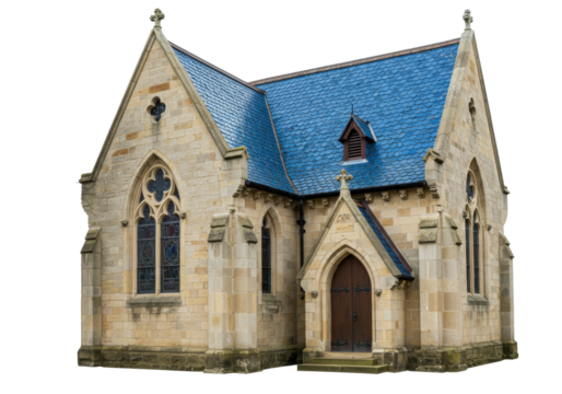 Isolated ornate stone church with blue slate roof, cross, and arched stained-glass windows - Powered by Adobe