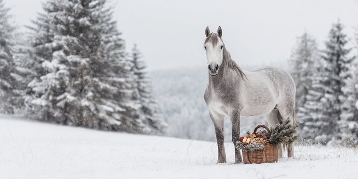 Beautiful gray horse standing in snowy winter landscape with a basket of gifts, majestic nature scene, Chinese zodiac horse symbol