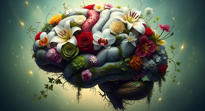 Creative mind blooming: brain covered in vibrant flowers and moss