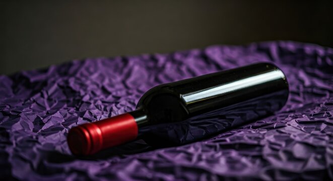 A sleek, dark wine bottle on a textured purple surface with a red cap - Powered by Adobe