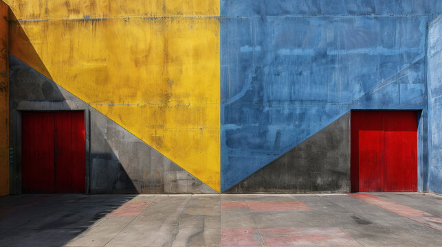 Contrasting yellow and blue wall with two red doors creating geometric abstraction