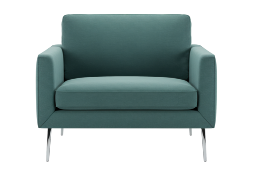 Isolated stylish modern teal armchair with cushion, comfortable lounge seating for home