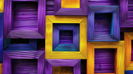 Colorful overlapping wooden frames creating a vibrant geometric abstract pattern