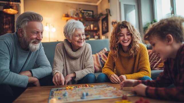 Multi-generational family playing board games in living room, bonding activity concept