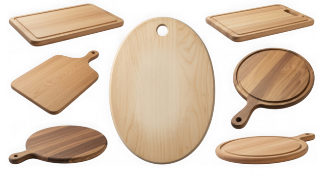 Set of various wooden cutting boards isolated on transparent background