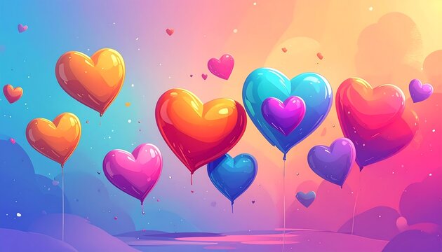 Colorful floating hearts with pastel sky hues; bright pinks, yellows, blues create a happy, whimsical design - Powered by Adobe
