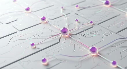 Abstract Network of Glowing Purple Orbs on a White Circuit Board.