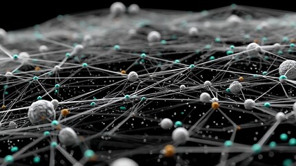 Abstract network of interconnected spheres representing data, technology, and scientific concepts.