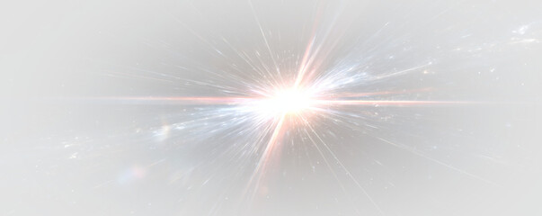 White sparkle light effect with glowing rays and lens flare on a transparent background. Perfect PNG for futuristic, festive, or abstract digital designs.	