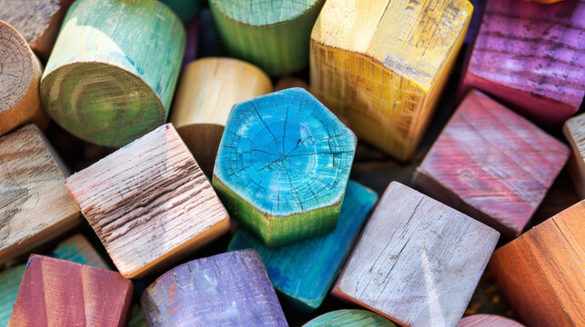Colorful painted wooden blocks creating an abstract textured background