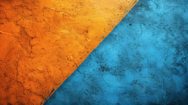 Contrasting orange and blue painted concrete wall with cracked grunge texture