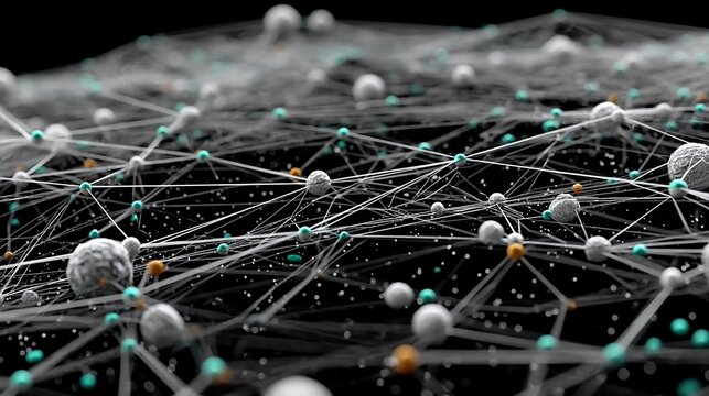 Abstract network of interconnected spheres representing data, technology, and scientific concepts. - Powered by Adobe