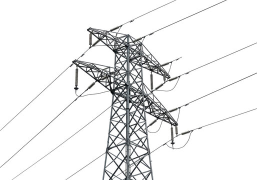 Isolated metal lattice steel electricity pylon tower high voltage power grid conductor cables lines - Powered by Adobe