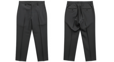 Grey men's formal dress trousers front and back view isolated on transparent background