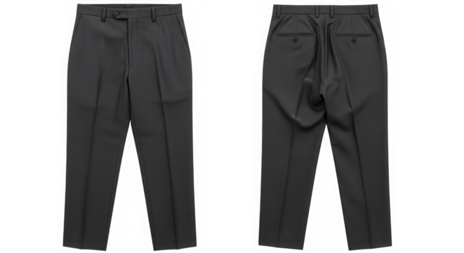 Grey men's formal dress trousers front and back view isolated on transparent background
