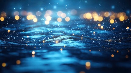 Sparkling blue water, night lights, bokeh background, for design