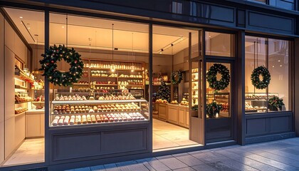 Festive Bakery Storefront with Christmas Wreaths, Garlands, and Snowy Sidewalk