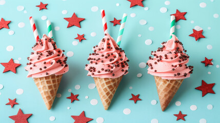 Three pink soft serve ice cream cones celebrating a sweet summer party