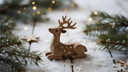 Wooden Reindeer, Snowy Christmas Decoration, Festive Scene, Holiday Decor, Winter Wonderland