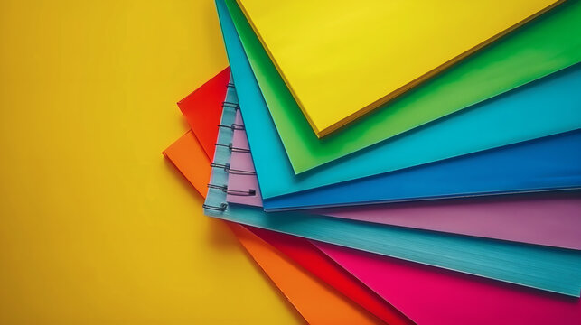 Stack of vibrant rainbow colored notebooks and paper on yellow background