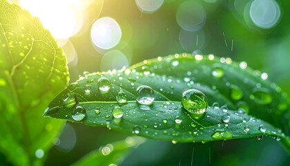 Close-up of vibrant green leaves adorned with glistening water droplets, bathed in soft sunlight and bokeh