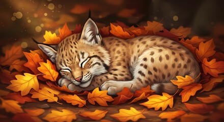 Adorable bobcat kitten sleeping peacefully amidst a vibrant pile of autumn leaves, cozy and content.