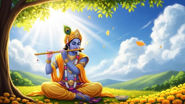 Divine Krishna plays flute in vibrant meadow under sunny skies