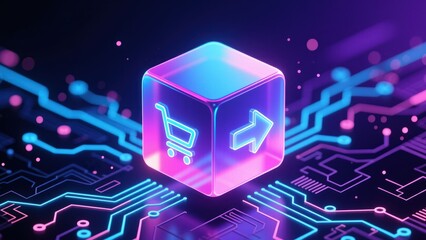 A glowing holographic shopping cube surrounded by neon circuits, symbolizing smart retail and internet of things technology