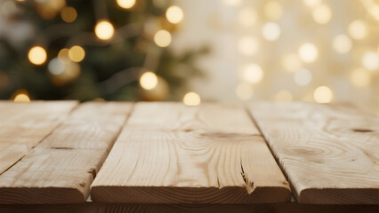 Wooden Table Top, Rustic Style, Warm Lighting, Holiday Background, Christmas Decorations