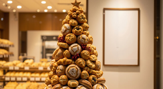 Christmas tree made from baked goods in a bakery  