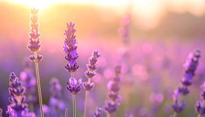 Close-up of vibrant purple lavender flowers blooming in a field bathed in golden, warm sunlight