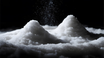 Pure White Salt Pile, Crystalline Structure, Black Background, Food Ingredient, Cooking Essential
