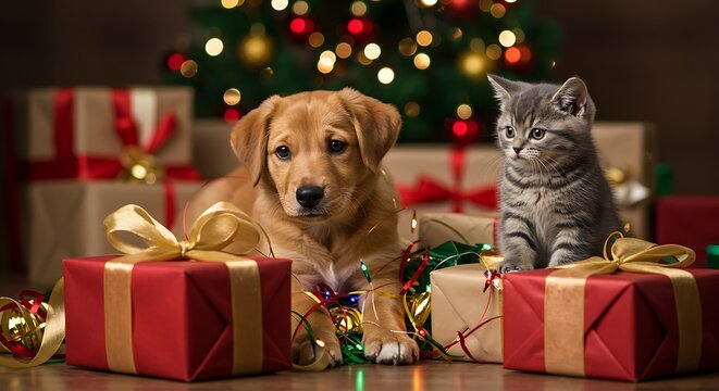 Adorable puppy and kitten celebrate Christmas surrounded by festive gifts and a sparkling tree.