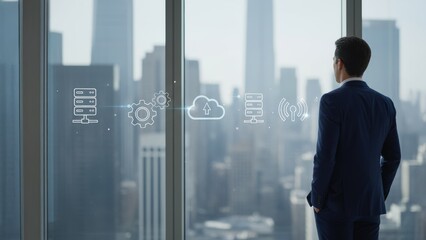 Fototapeta premium A businessman near a glass window overlooking city skyline with iot icons, symbolizing smart buildings and internet of things technology