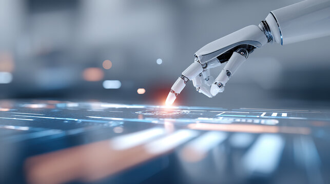 Artificial intelligence robotic arms touch the future of a better life - a technology theme.