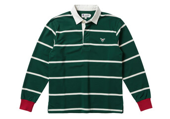 Isolated, green and white striped rugby shirt with long sleeves and a white collar item