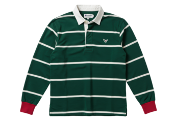 Isolated, green and white striped rugby shirt with long sleeves and a white collar item
