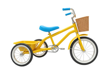 Isolated bright yellow tricycle with wicker basket, blue seat and handlebars, toy vehicle