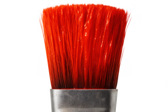Paintbrush with vibrant red bristles dipped in paint, symbolizing creativity, art, and inspiration on transparent background