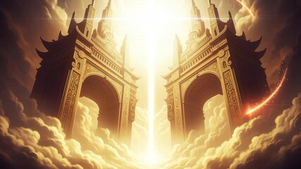 Golden gates emerge from clouds, divine light shines - Powered by Adobe