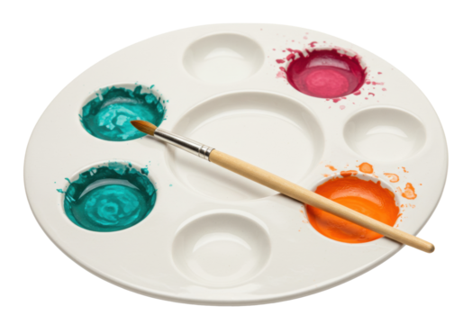 Isolated artist's paint palette with vibrant colors and paintbrush, creative expression