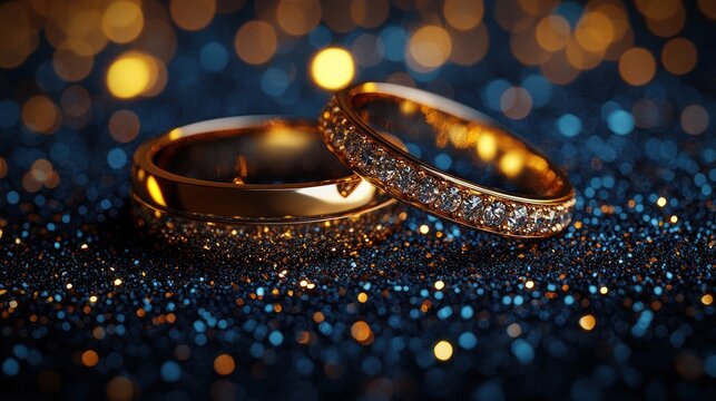 Golden wedding rings sparkle on dark glitter, romantic bokeh background; perfect for wedding invitations
