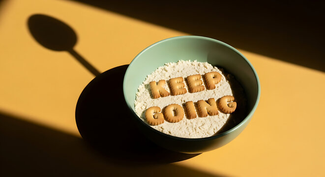 Keep going message with biscuit letters in a bowl, sunny scene.