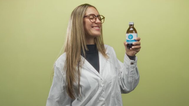 Woman in white lab coat kisses a bottled supplement while holding it up in studio; product appreciation playful.