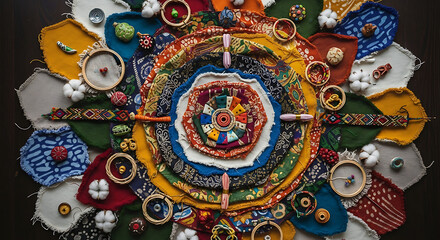 Intricate fabric collage mandala with craft supplies flat lay