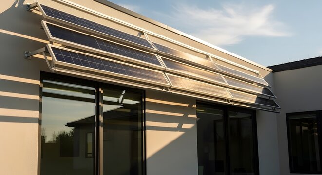 Modern home integrated with sleek solar panels providing sustainable energy and contemporary architectural design bathed in warm golden hour sunlight