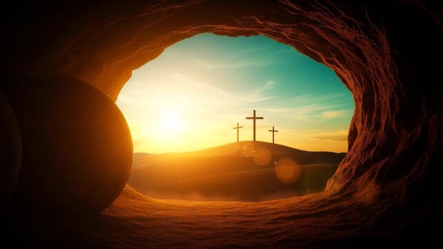 Empty tomb sunrise over Golgotha with three crosses