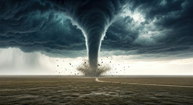 A towering, powerful tornado swirls across a flat, open landscape beneath dark, stormy clouds